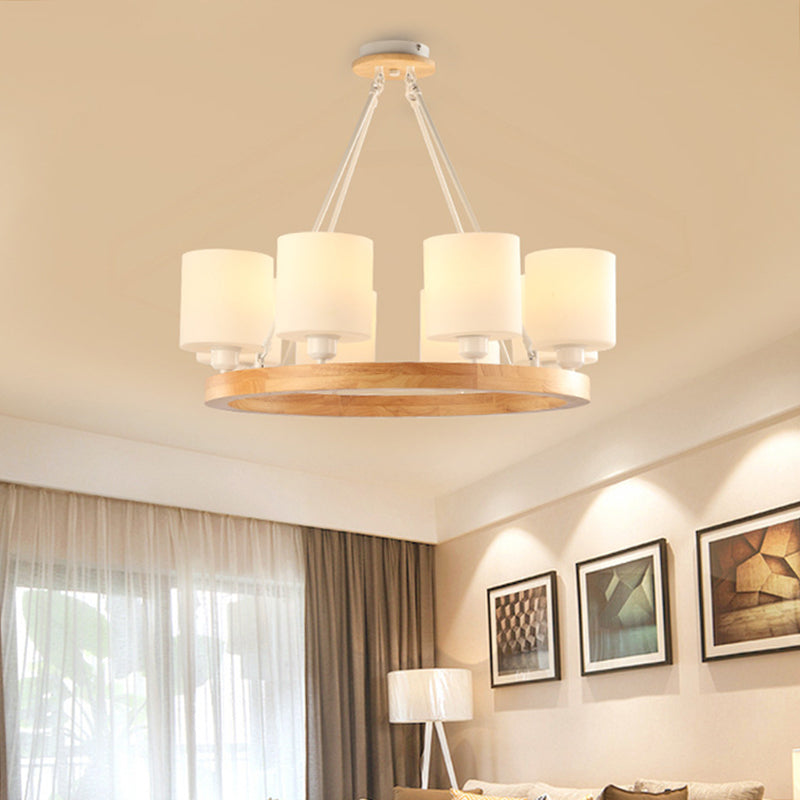 Modern White Glass Cylinder Chandelier Light With Wood Hanging Pendant And Ring Design - 4/6/8-Light