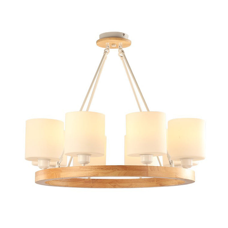 Modern White Glass Cylinder Chandelier Light With Wood Hanging Pendant And Ring Design - 4/6/8-Light