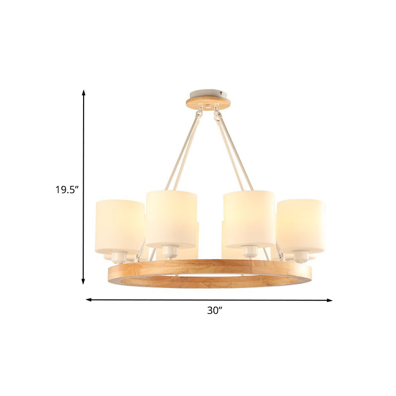 Modern White Glass Cylinder Chandelier Light With Wood Hanging Pendant And Ring Design - 4/6/8-Light