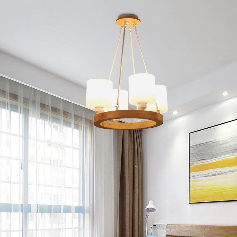 Modern White Glass Cylinder Chandelier Light With Wood Hanging Pendant And Ring Design - 4/6/8-Light