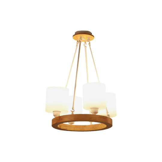 Modern White Glass Cylinder Chandelier Light With Wood Hanging Pendant And Ring Design - 4/6/8-Light