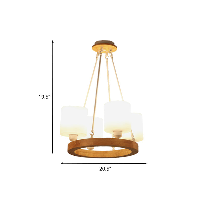 Modern White Glass Cylinder Chandelier Light With Wood Hanging Pendant And Ring Design - 4/6/8-Light