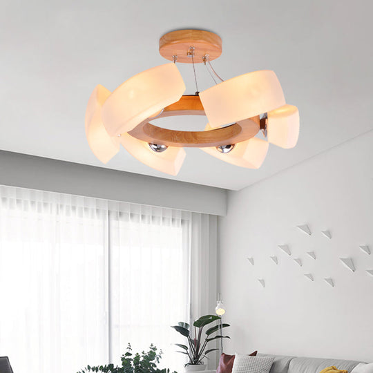 Japanese Wood Curved Chandelier Pendant Light - 6 Lights White Glass Ring Ceiling Lamp