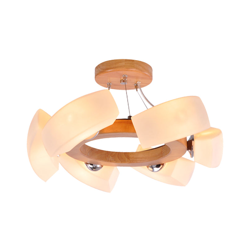 Japanese Wood Curved Chandelier Pendant Light - 6 Lights White Glass Ring Ceiling Lamp