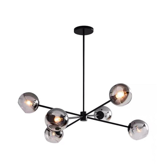 Minimalist Smoke Gray Glass Ball Chandelier With 6-Bulb Sputnik Pendant Lamp In Black Finish