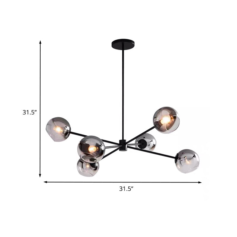 Minimalist Smoke Gray Glass Ball Chandelier With 6-Bulb Sputnik Pendant Lamp In Black Finish