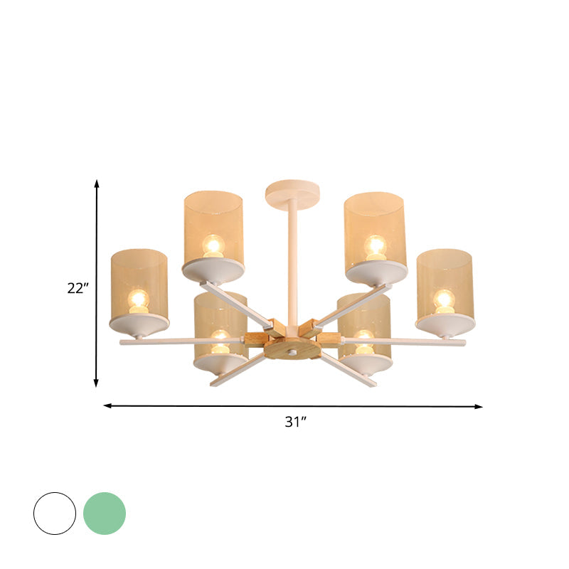 Modern Radial Iron Ceiling Chandelier - 6 Head White/Green With Wood Accents Cylinder Tan Glass