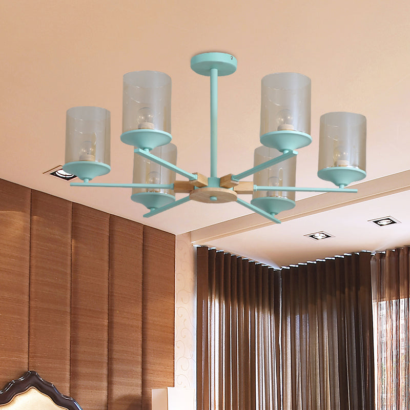 Modern Radial Iron Ceiling Chandelier - 6 Head White/Green With Wood Accents Cylinder Tan Glass