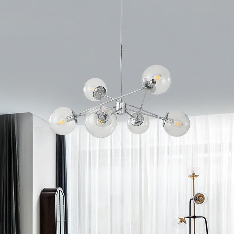 Modern Chrome 6-Light Bedroom Chandelier with Clear Glass Orb Shades