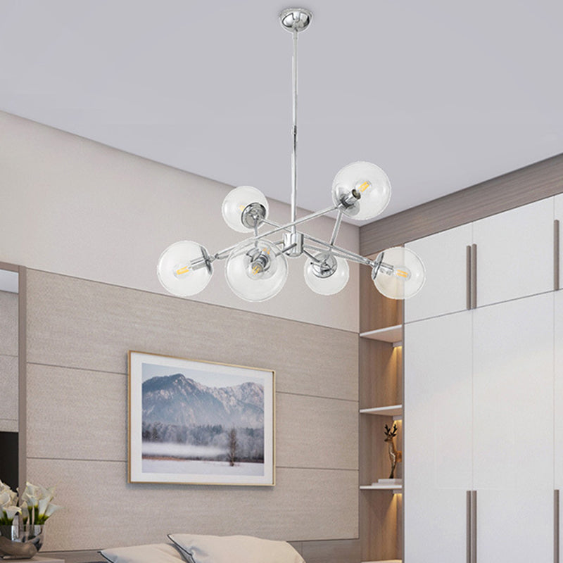 Modern Chrome 6-Light Bedroom Chandelier with Clear Glass Orb Shades