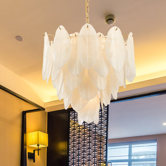 Contemporary White Textured Glass Leaf Pendant Chandelier - Gold Finish, 6 Bulb, Bedroom Suspension Light