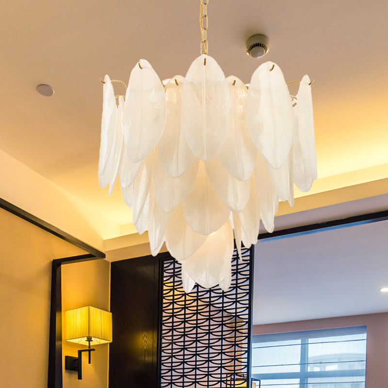 Contemporary White Textured Glass Leaf Chandelier With 6 Gold Bulbs For Bedroom Suspension Lighting