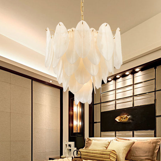 Contemporary White Textured Glass Leaf Pendant Chandelier - Gold Finish, 6 Bulb, Bedroom Suspension Light