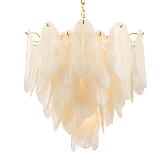 Contemporary White Textured Glass Leaf Pendant Chandelier - Gold Finish, 6 Bulb, Bedroom Suspension Light