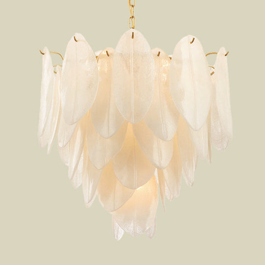 Contemporary White Textured Glass Leaf Chandelier With 6 Gold Bulbs For Bedroom Suspension Lighting