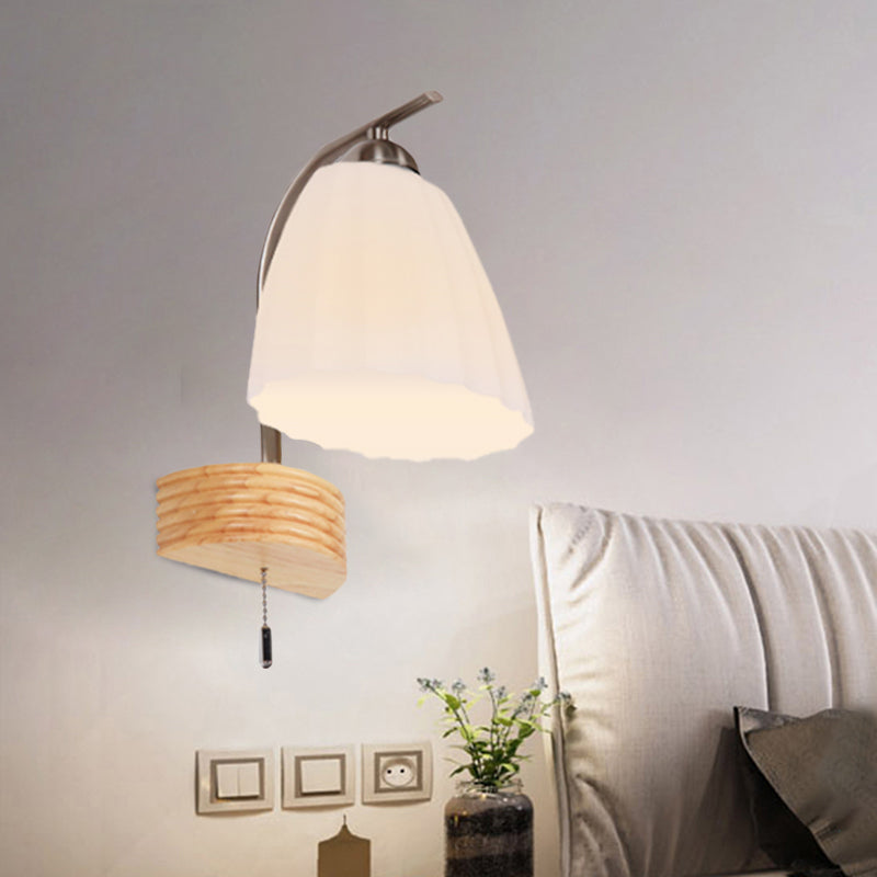 Modern Ribbed Glass Flared Sconce Light Fixture With Pull Chain And Wood Backplate - 1 Head Wall