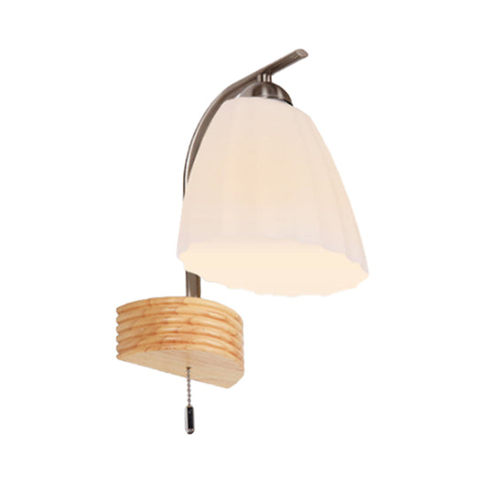 Modern Ribbed Glass Flared Sconce Light Fixture With Pull Chain And Wood Backplate - 1 Head Wall