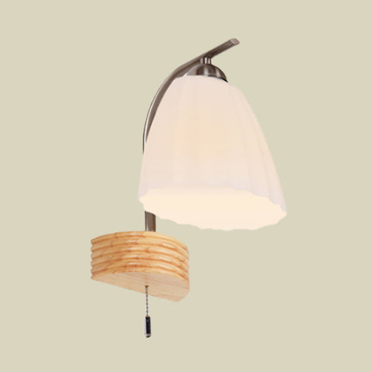 Modern Ribbed Glass Flared Sconce Light Fixture With Pull Chain And Wood Backplate - 1 Head Wall