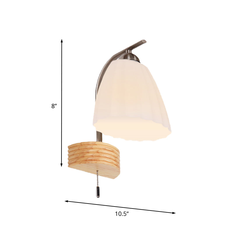 Modern Ribbed Glass Flared Sconce Light Fixture With Pull Chain And Wood Backplate - 1 Head Wall