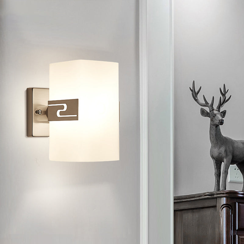 Modern Wall Mounted Nickel Cuboid Sconce Lamp With White Glass - Ideal For Corridors