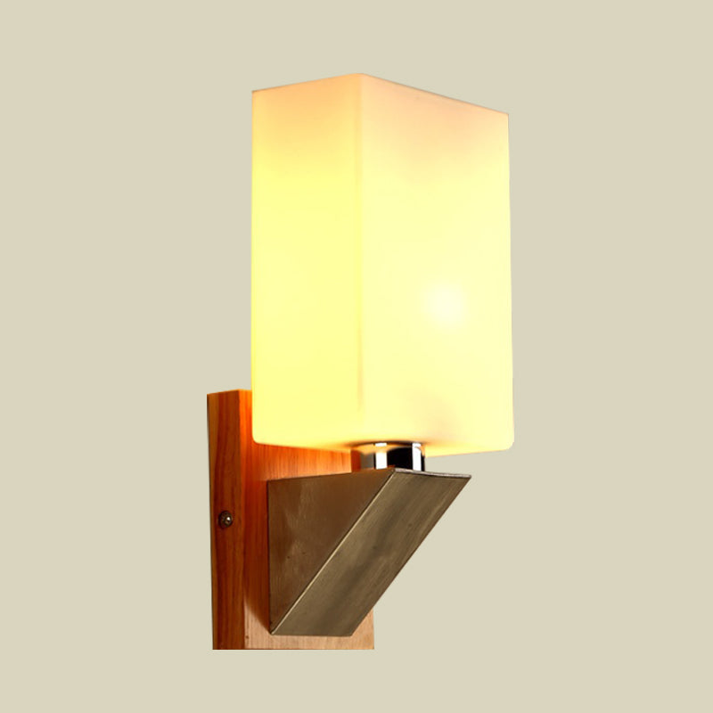 Modern White Frosted Glass Cuboid Sconce - Wood Wall Lamp With Metal Base