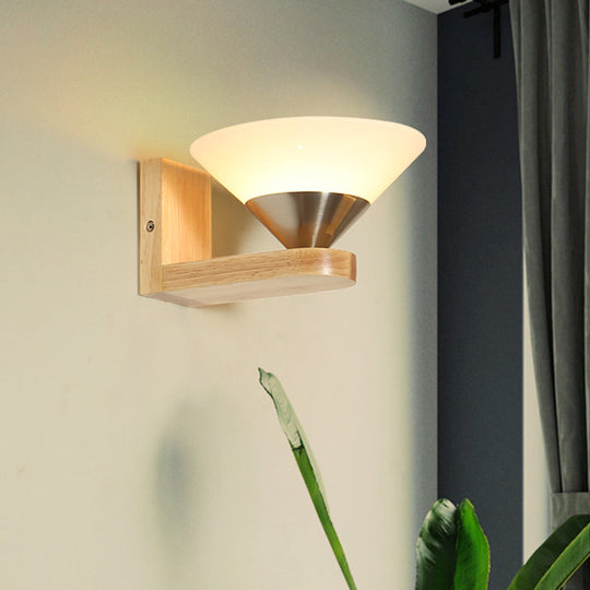 Modern Wood & Nickel Wall Sconce With Cone White Glass Shade- 1 Bulb Bedside Light Fixture