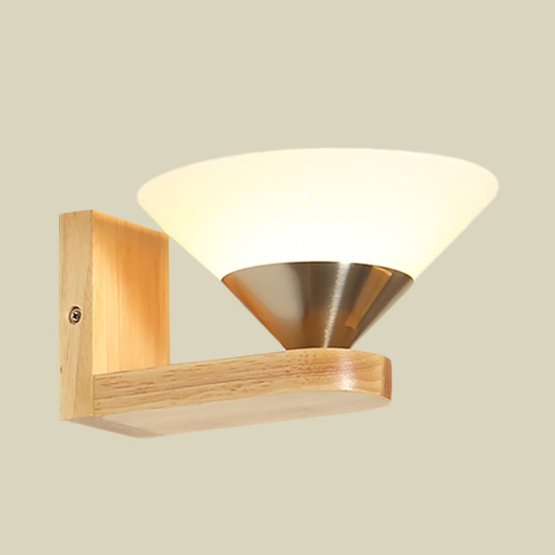 Modern Wood & Nickel Wall Sconce With Cone White Glass Shade- 1 Bulb Bedside Light Fixture