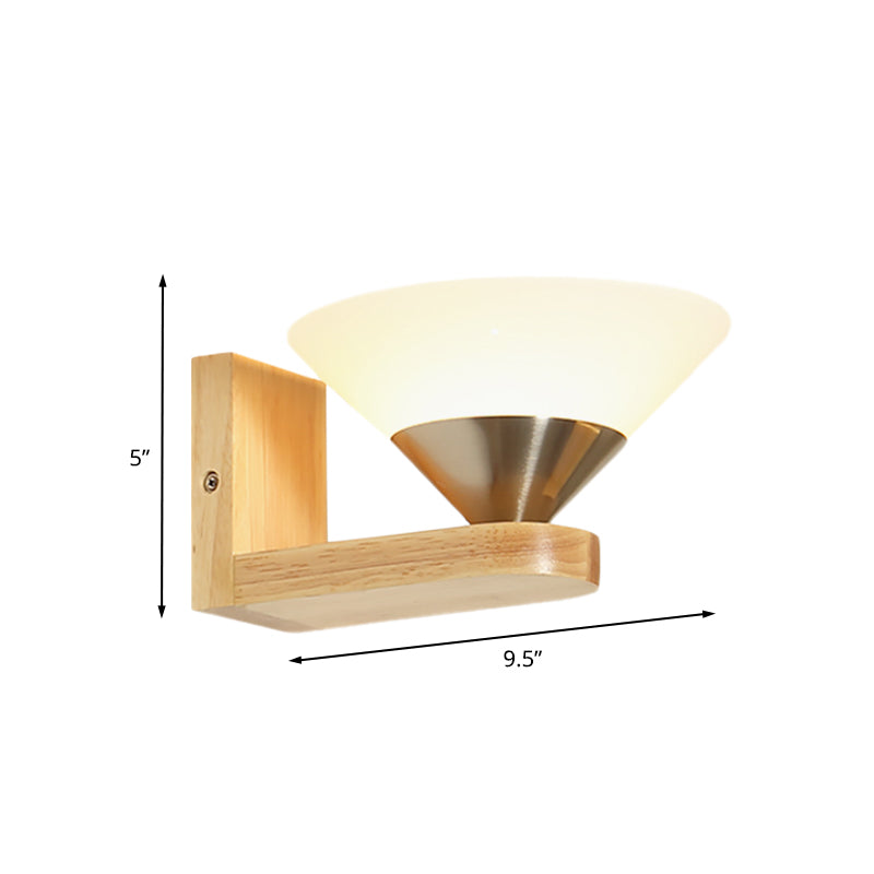 Modern Wood & Nickel Wall Sconce With Cone White Glass Shade- 1 Bulb Bedside Light Fixture