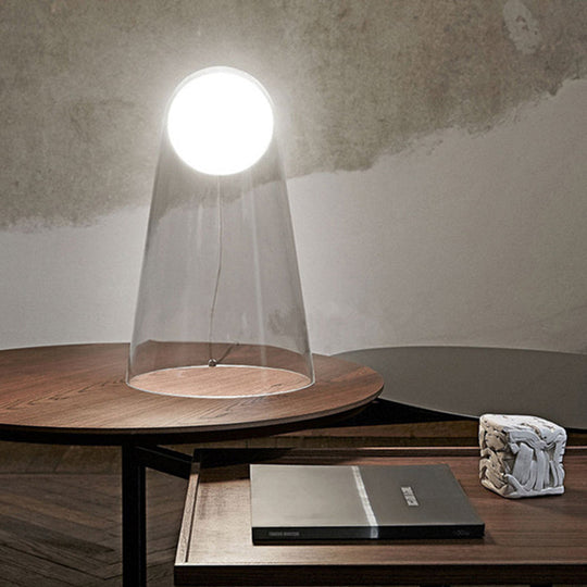 Sleek Clear Glass Led Bedside Night Lamp With Modo Shade Inside - Minimalist Conical Table Light