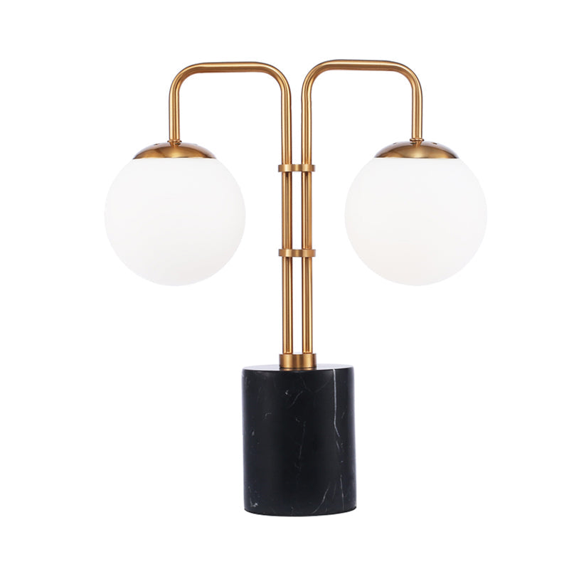 Modernist Gold Globe Table Lamp With Black Marble Base - 2 Bulb White Glass Nightlight