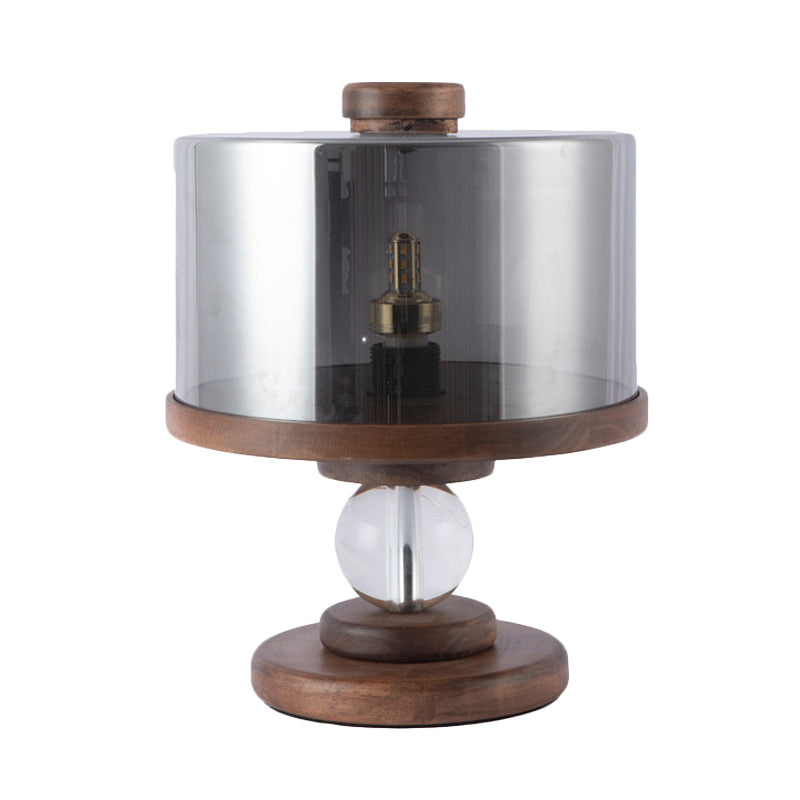 Modern Black Glass Drum Table Lamp With Single Light Brown Wood Base - Perfect For Living Room