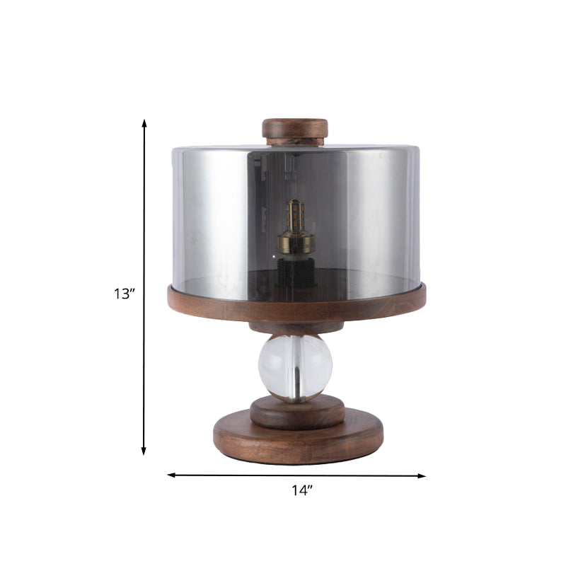 Modern Black Glass Drum Table Lamp With Single Light Brown Wood Base - Perfect For Living Room