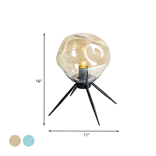 Modernist Tripod Desk Light With Dimpled Glass Shade - Black Blue/Cognac