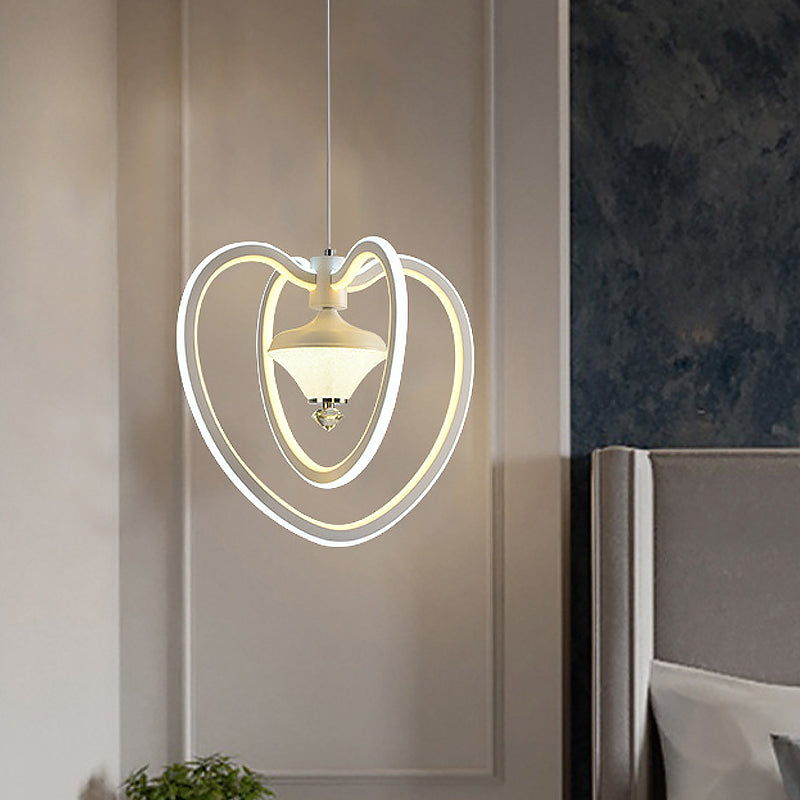 Heart Frame Acrylic LED Pendant Ceiling Light, White Hanging with Diamond Accent