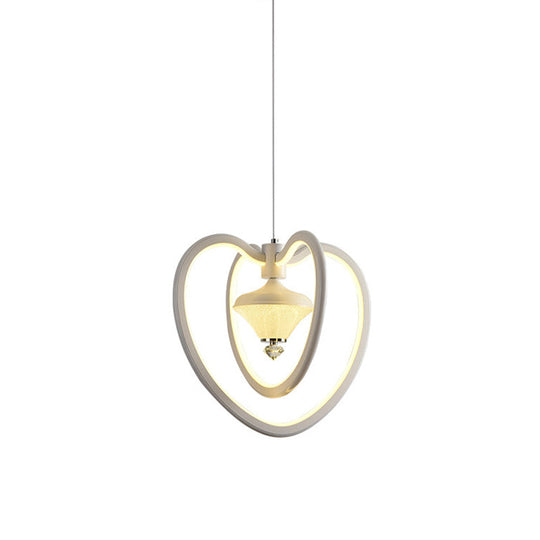 Heart Frame Acrylic LED Pendant Ceiling Light, White Hanging with Diamond Accent