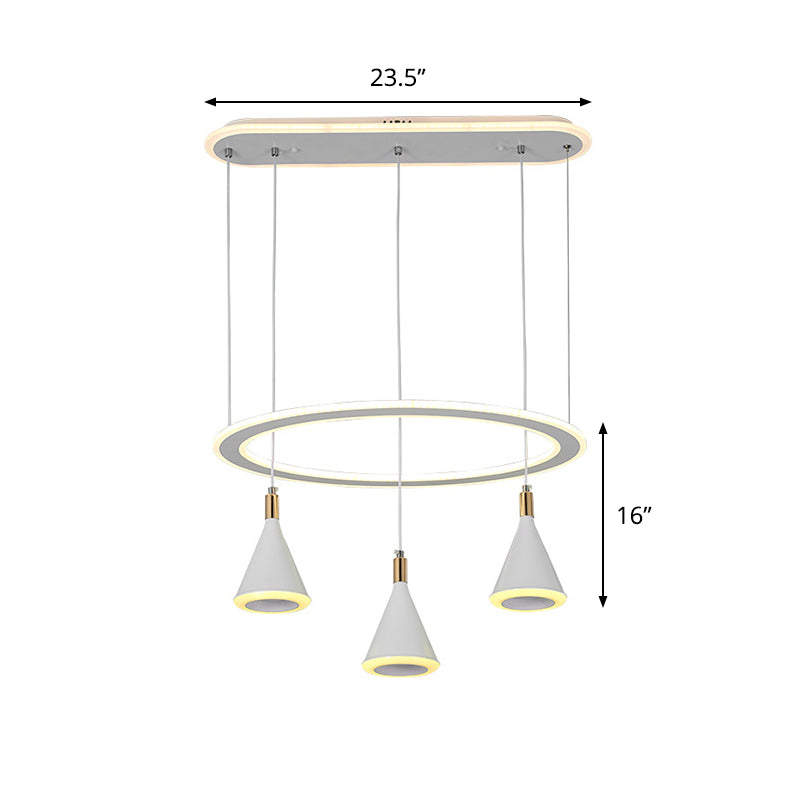 White Cone LED Pendant Light Kit with Loop Shelf - Minimalist 3-Light Acrylic Hanging Lamp