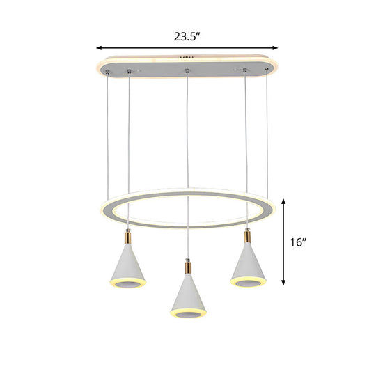 White Cone LED Pendant Light Kit with Loop Shelf - Minimalist 3-Light Acrylic Hanging Lamp