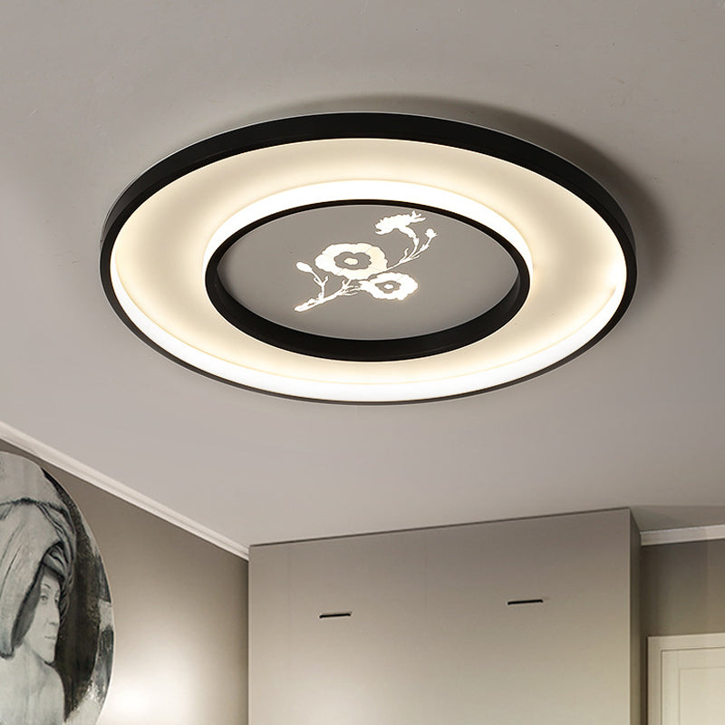 16"/19.5" Modern Round Flush Mount Acrylic LED Ceiling Light Fixture in Black with Flower Pattern, White/Warm Light