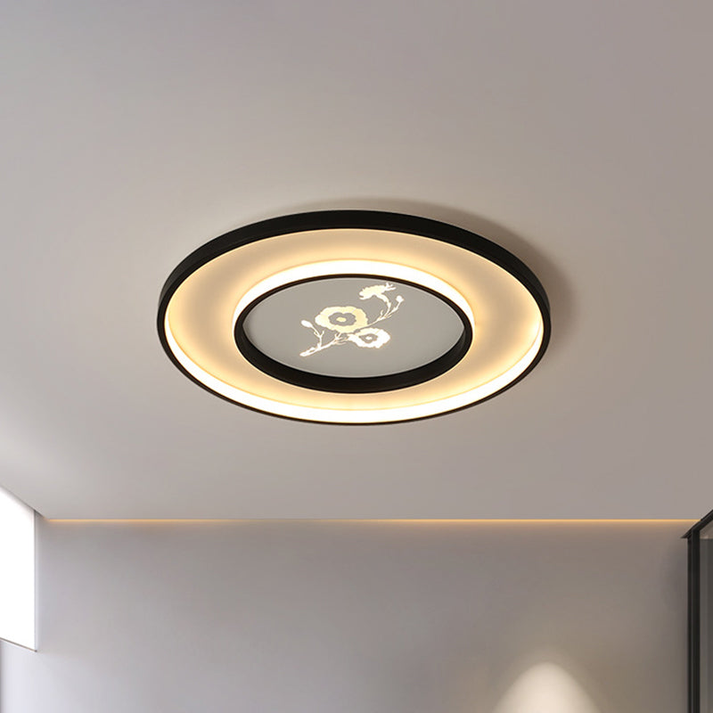 16"/19.5" Modern Round Flush Mount Acrylic LED Ceiling Light Fixture in Black with Flower Pattern, White/Warm Light