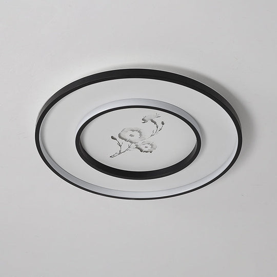 16/19.5 Modern Round Flush Mount Acrylic Led Ceiling Light Fixture In Black With Flower Pattern