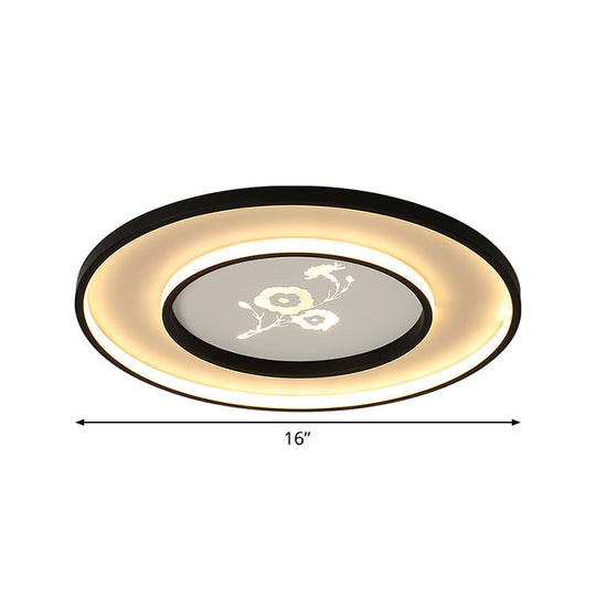 16"/19.5" Modern Round Flush Mount Acrylic LED Ceiling Light Fixture in Black with Flower Pattern, White/Warm Light