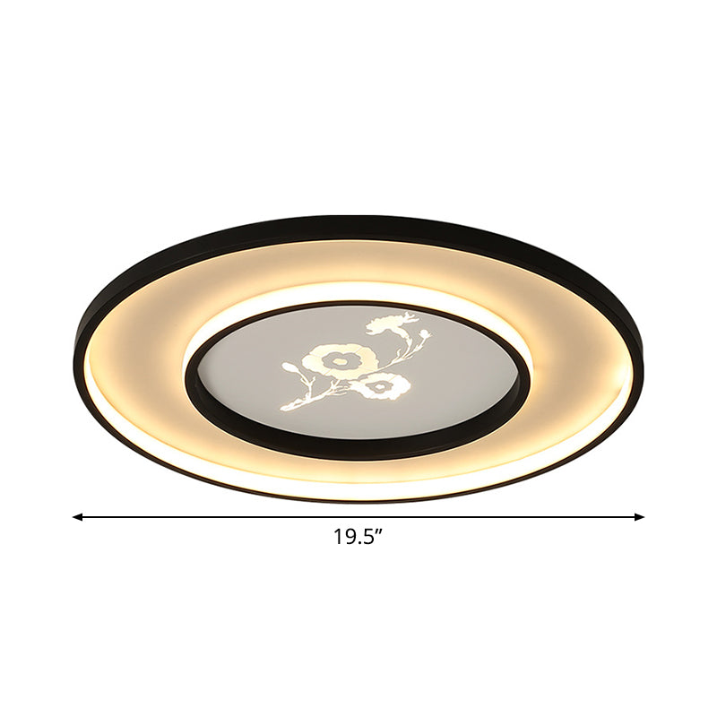 16"/19.5" Modern Round Flush Mount Acrylic LED Ceiling Light Fixture in Black with Flower Pattern, White/Warm Light