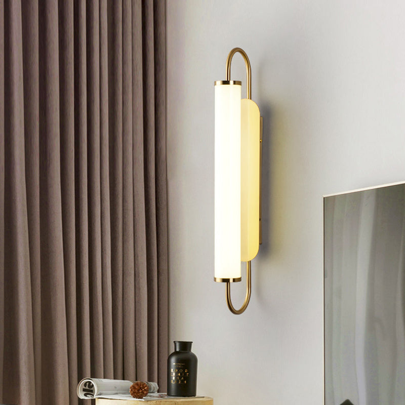 Modern Led Wall Sconce - Brass Finish Tubular Mount Lamp With Opal Glass Shade For Stairway