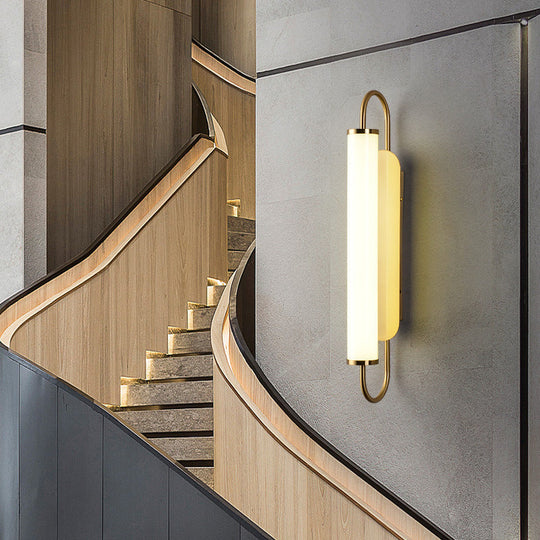 Modern Led Wall Sconce - Brass Finish Tubular Mount Lamp With Opal Glass Shade For Stairway