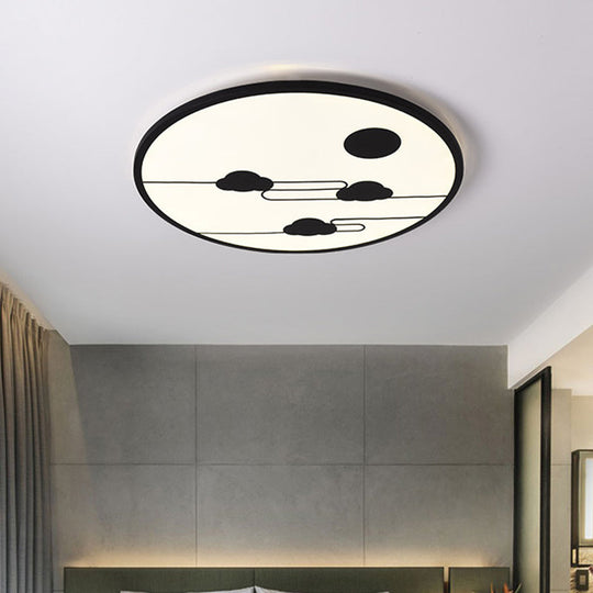 Modern Acrylic Circle Flush Light Fixture - White/Black LED Flush Mount with Cloud Pattern - Warm/White Light, 18"/23.5" Dia