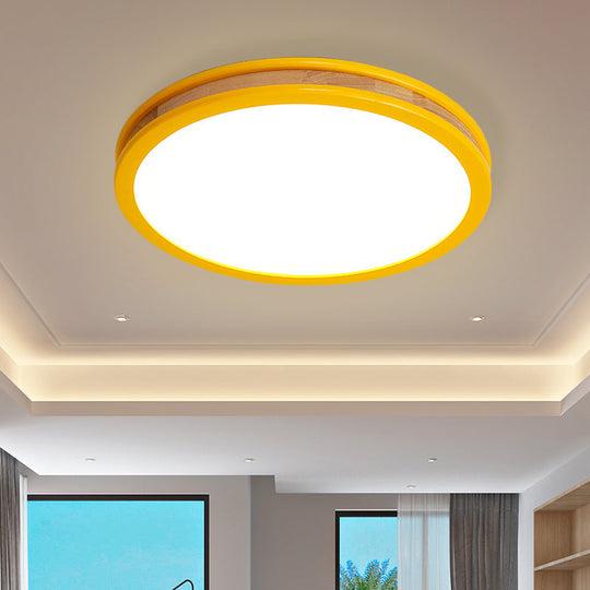 Yellow Round Flushmount LED Wood Ceiling Light for Bedroom - 12"/16" Dia