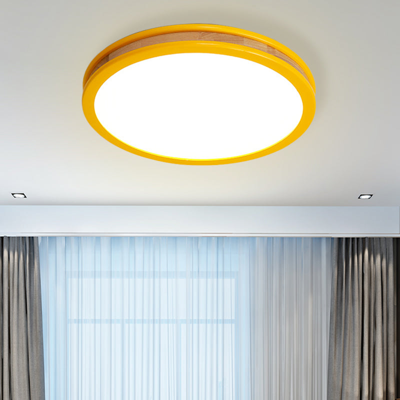 Yellow Round Flushmount LED Wood Ceiling Light for Bedroom - 12"/16" Dia