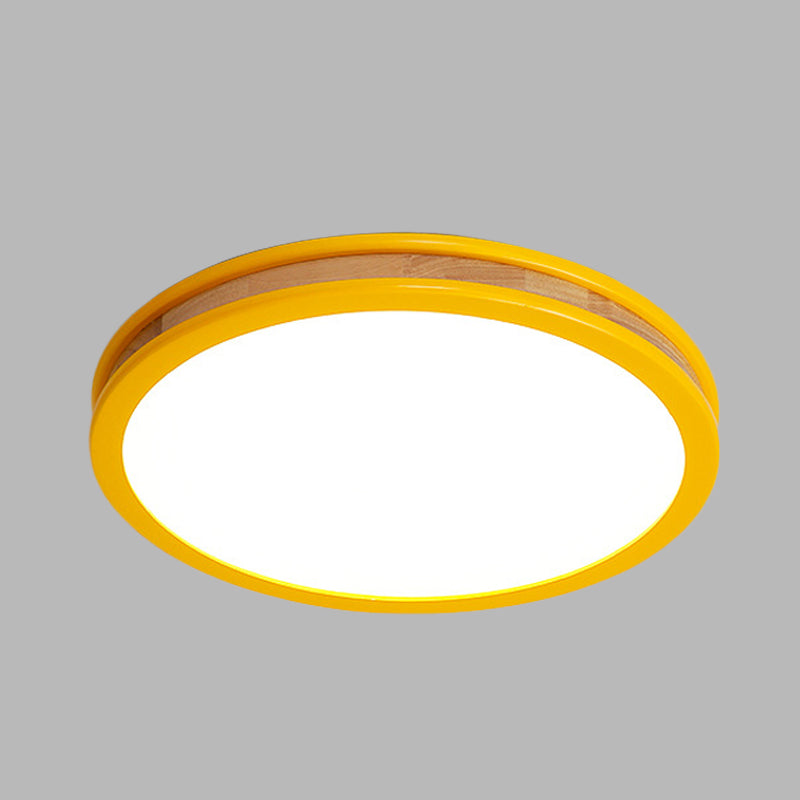 Yellow Round Flushmount Led Wood Ceiling Light For Bedroom - 12/16 Dia