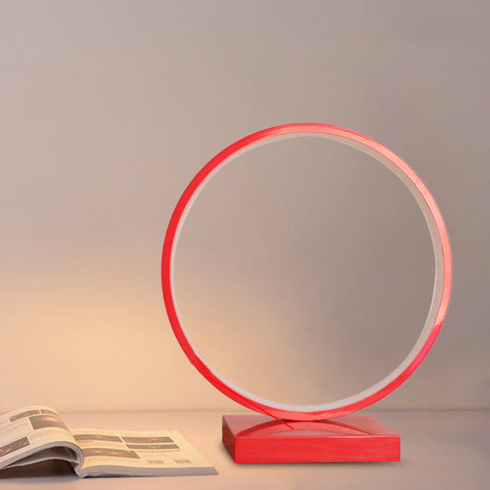 Modern Red/Pink Aluminum Circle Ring Table Light - Plug In Led Nightstand Lamp With Adjustable