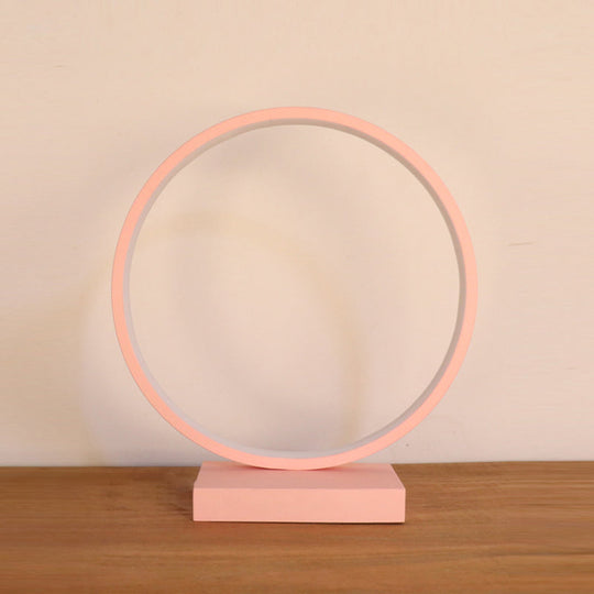 Modern Red/Pink Aluminum Circle Ring Table Light - Plug In Led Nightstand Lamp With Adjustable